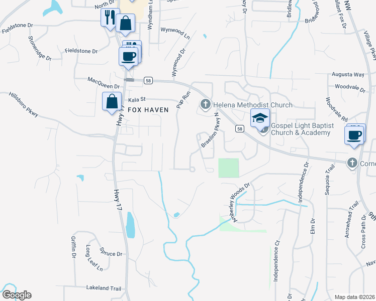 map of restaurants, bars, coffee shops, grocery stores, and more near 2715 Braelinn Parkway North in Helena