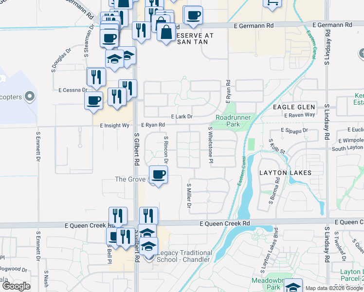 map of restaurants, bars, coffee shops, grocery stores, and more near 2584 South Four Peaks Way in Chandler