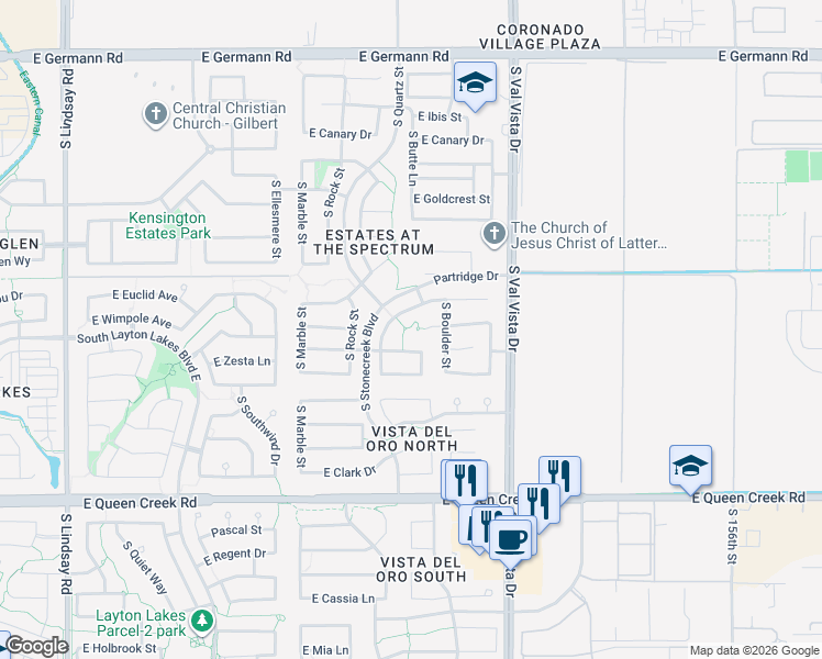 map of restaurants, bars, coffee shops, grocery stores, and more near 1436 East Birdland Court in Gilbert