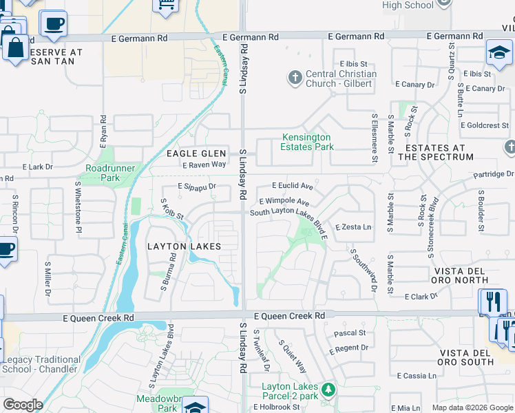 map of restaurants, bars, coffee shops, grocery stores, and more near 4779 South Lindsay Road in Gilbert