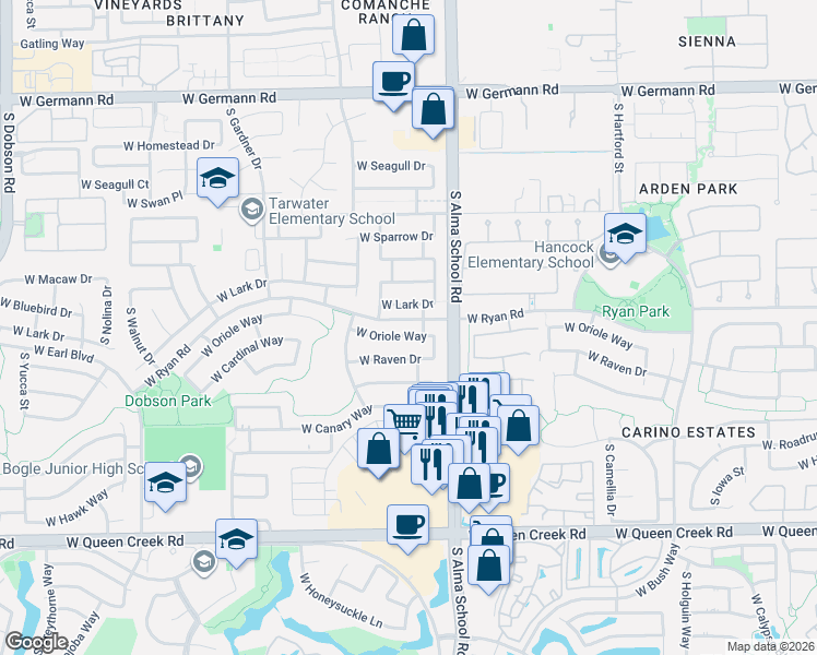 map of restaurants, bars, coffee shops, grocery stores, and more near 1152 West Oriole Way in Chandler