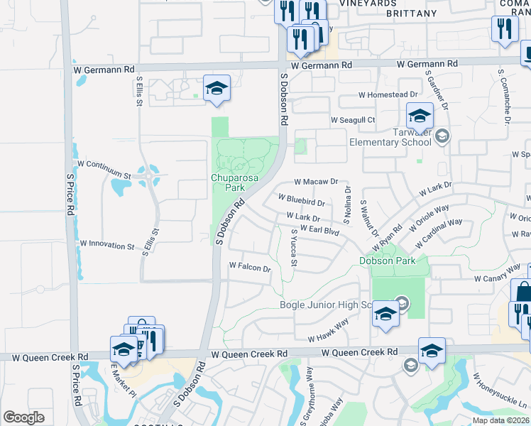 map of restaurants, bars, coffee shops, grocery stores, and more near 1920 West Oriole Way in Chandler