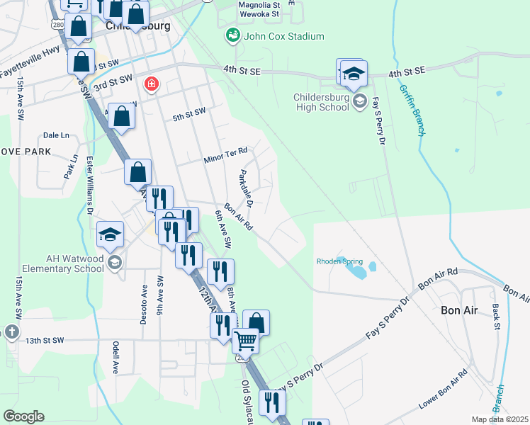 map of restaurants, bars, coffee shops, grocery stores, and more near 118 Crestview Street in Childersburg