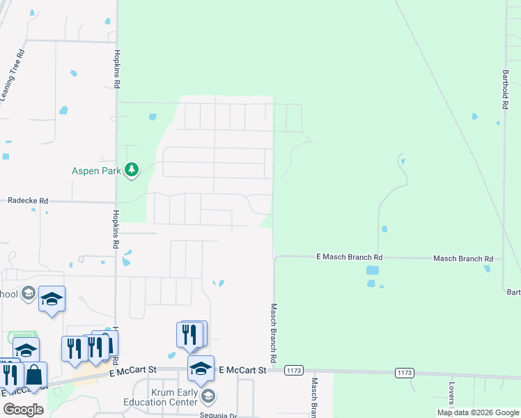 map of restaurants, bars, coffee shops, grocery stores, and more near 5200 Mountain View Drive in Krum