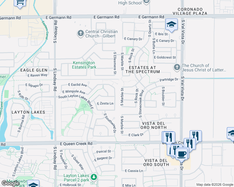 map of restaurants, bars, coffee shops, grocery stores, and more near 1237 Birdland Drive in Gilbert