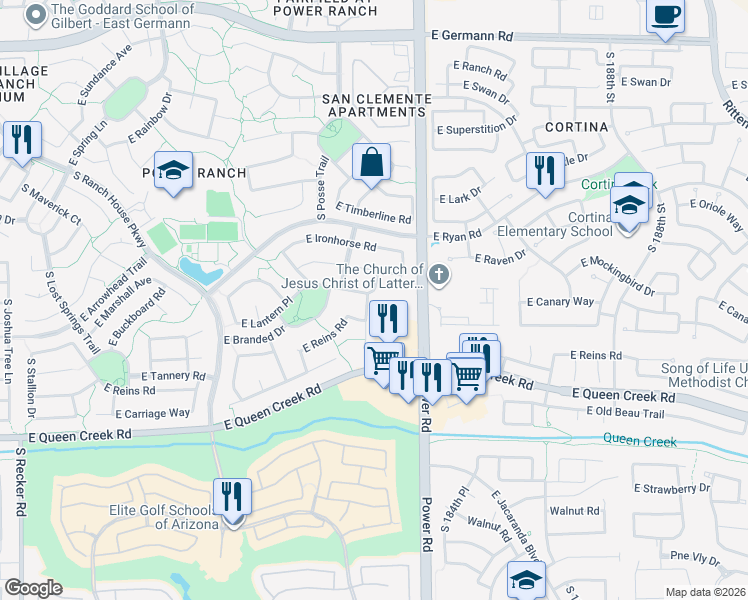 map of restaurants, bars, coffee shops, grocery stores, and more near 4576 South Ranger Trail in Gilbert