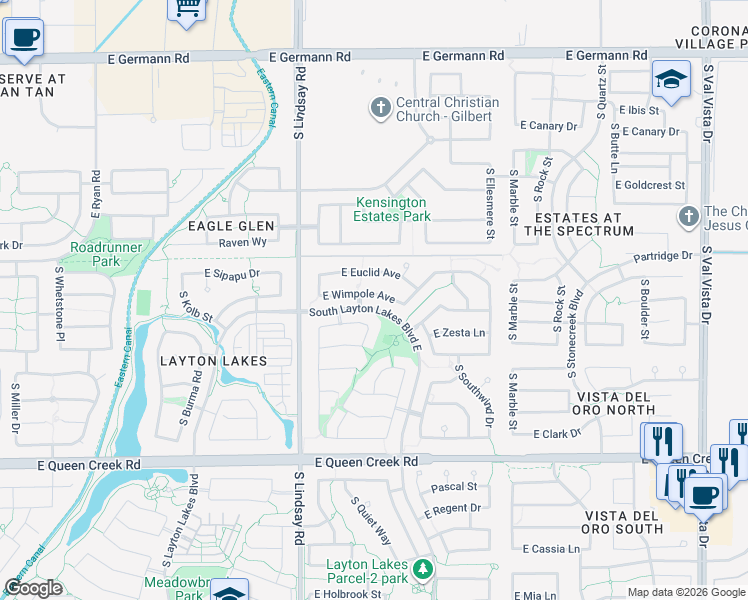 map of restaurants, bars, coffee shops, grocery stores, and more near 947 East Wimpole Avenue in Gilbert