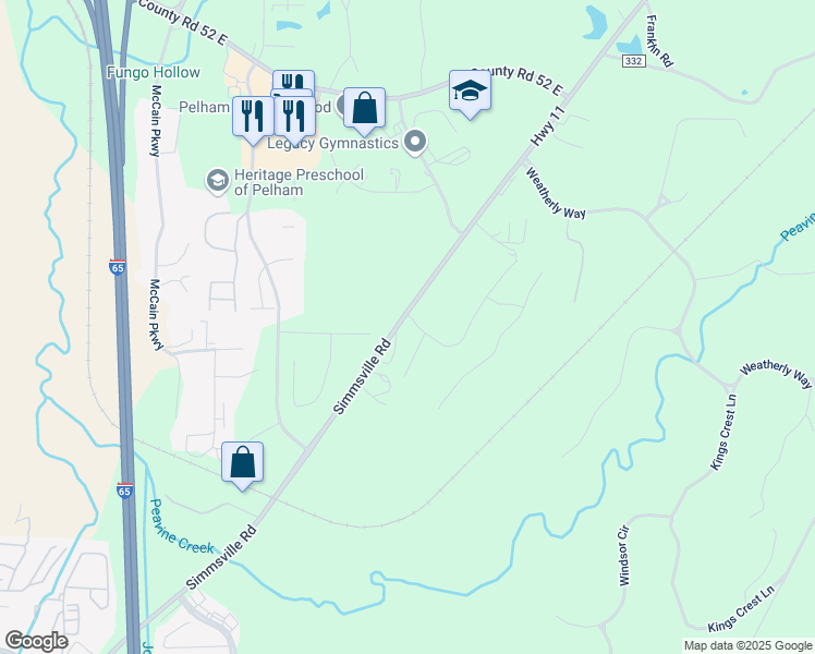 map of restaurants, bars, coffee shops, grocery stores, and more near 2570 County Road 11 in Pelham