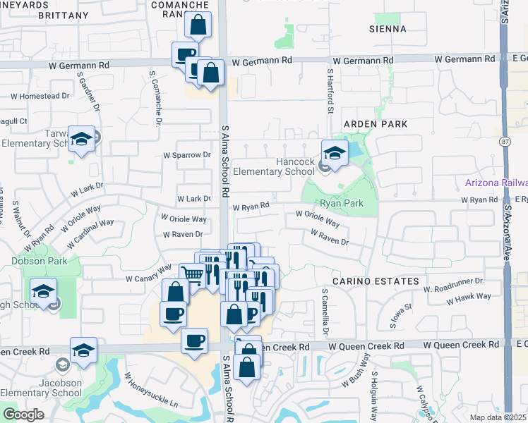 map of restaurants, bars, coffee shops, grocery stores, and more near 871 West Oriole Way in Chandler