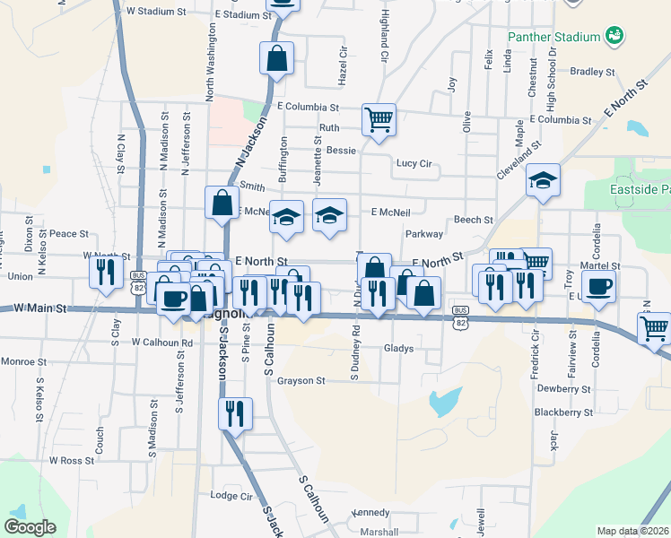 map of restaurants, bars, coffee shops, grocery stores, and more near 524 E Union St in Magnolia