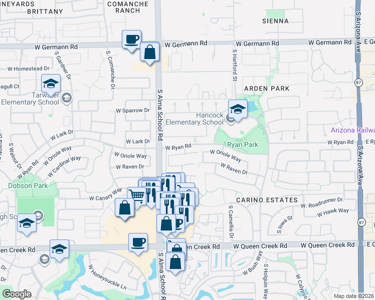 map of restaurants, bars, coffee shops, grocery stores, and more near 871 West Oriole Way in Chandler