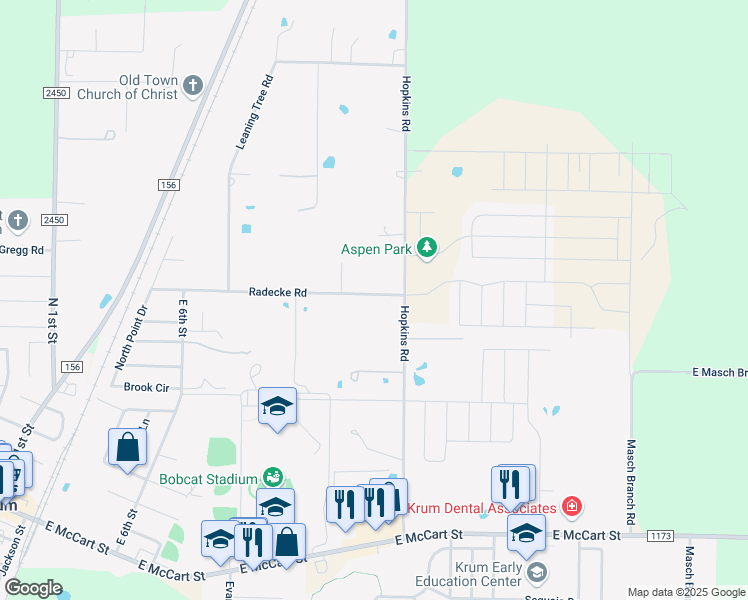 map of restaurants, bars, coffee shops, grocery stores, and more near 240 Radecke Road in Krum