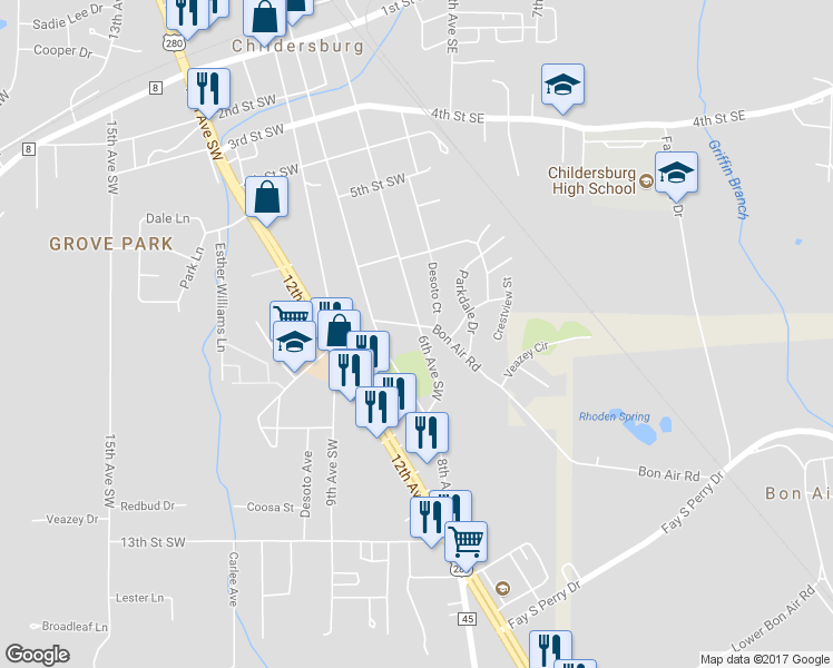 map of restaurants, bars, coffee shops, grocery stores, and more near 600 Bon Air Road in Childersburg