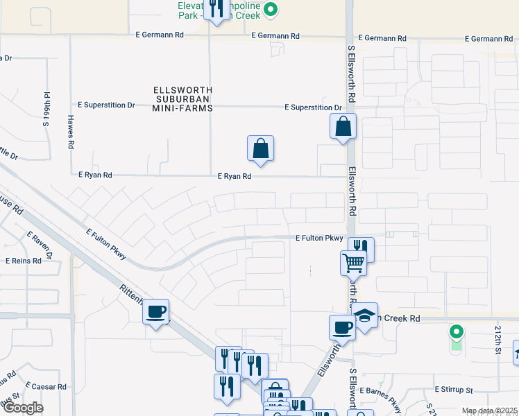 map of restaurants, bars, coffee shops, grocery stores, and more near 20551 East Mockingbird Drive in Queen Creek