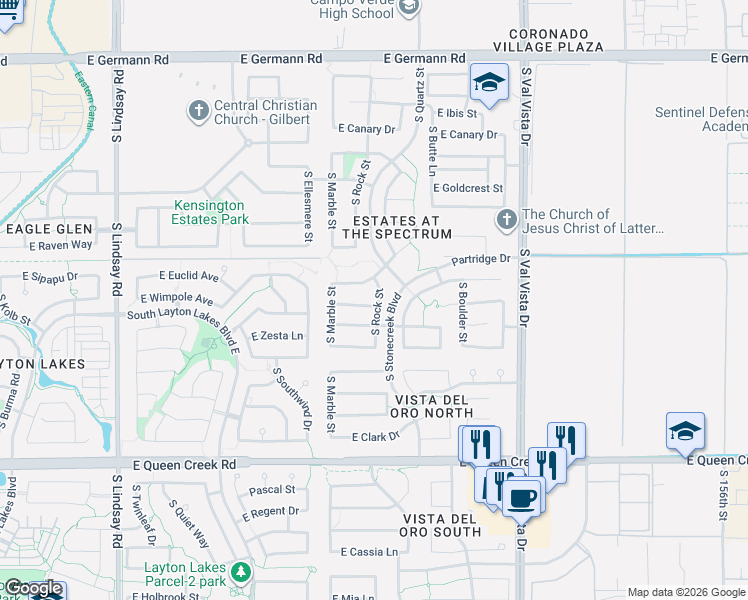 map of restaurants, bars, coffee shops, grocery stores, and more near 1297 Birdland Drive in Gilbert