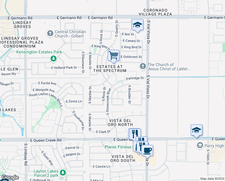 map of restaurants, bars, coffee shops, grocery stores, and more near 4494 South Cobblestone Street in Gilbert
