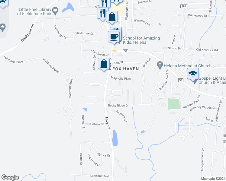 map of restaurants, bars, coffee shops, grocery stores, and more near 203 Hillsboro Lane in Helena