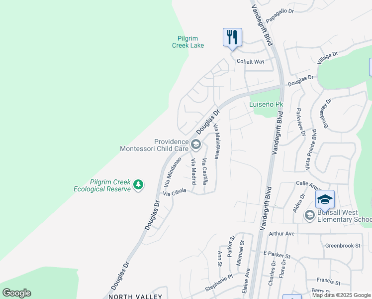 map of restaurants, bars, coffee shops, grocery stores, and more near 5155 Vía Mindanao in Oceanside