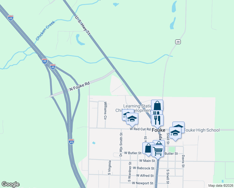 map of restaurants, bars, coffee shops, grocery stores, and more near Brown Road in Fouke