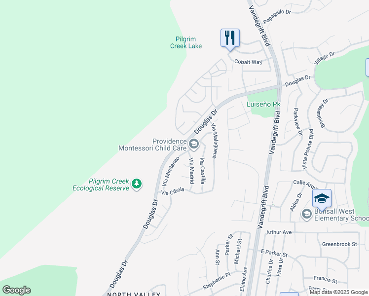 map of restaurants, bars, coffee shops, grocery stores, and more near 5155 Vía Mindanao in Oceanside