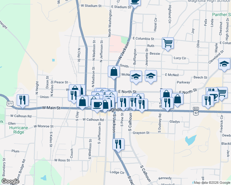map of restaurants, bars, coffee shops, grocery stores, and more near 201-299 N Pine St in Magnolia