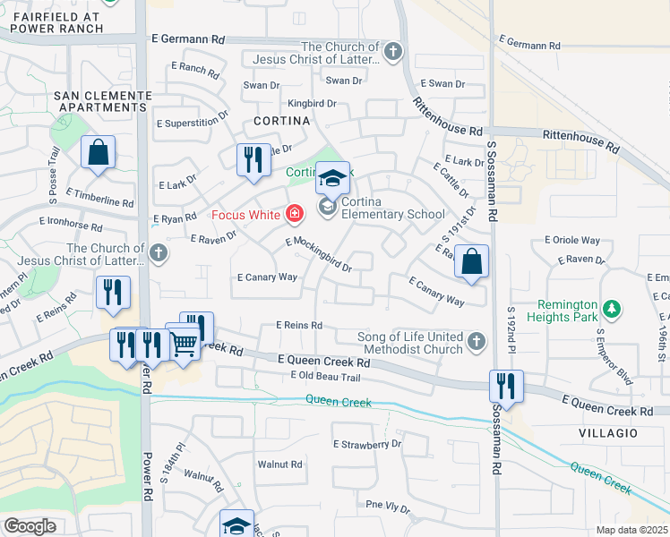 map of restaurants, bars, coffee shops, grocery stores, and more near 18852 East Canary Way in Queen Creek