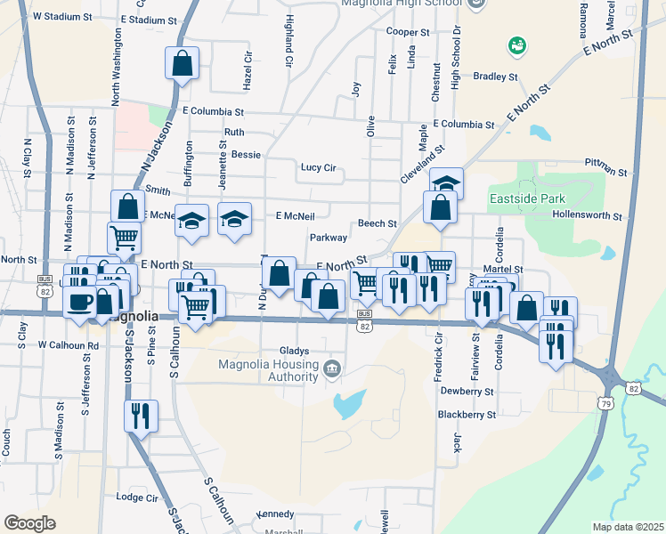 map of restaurants, bars, coffee shops, grocery stores, and more near 806 East North in Magnolia