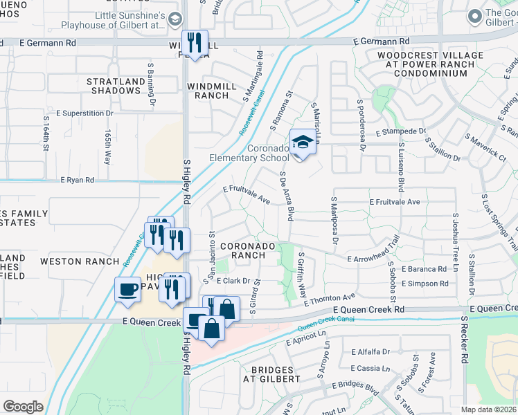 map of restaurants, bars, coffee shops, grocery stores, and more near 4458 South Inez Court in Gilbert