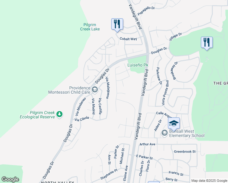 map of restaurants, bars, coffee shops, grocery stores, and more near 5154 Via Malaguena in Oceanside
