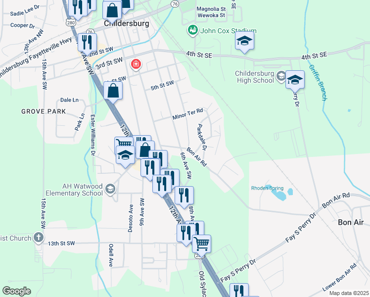 map of restaurants, bars, coffee shops, grocery stores, and more near 600 Bon Air Road in Childersburg