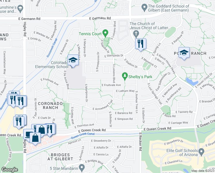 map of restaurants, bars, coffee shops, grocery stores, and more near 3789 East Fruitvale Avenue in Gilbert