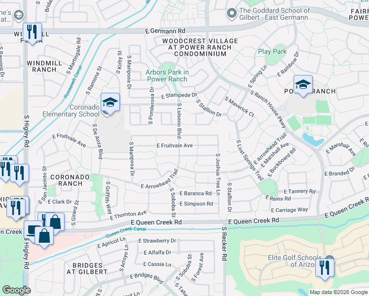 map of restaurants, bars, coffee shops, grocery stores, and more near 3863 East Latham Way in Gilbert