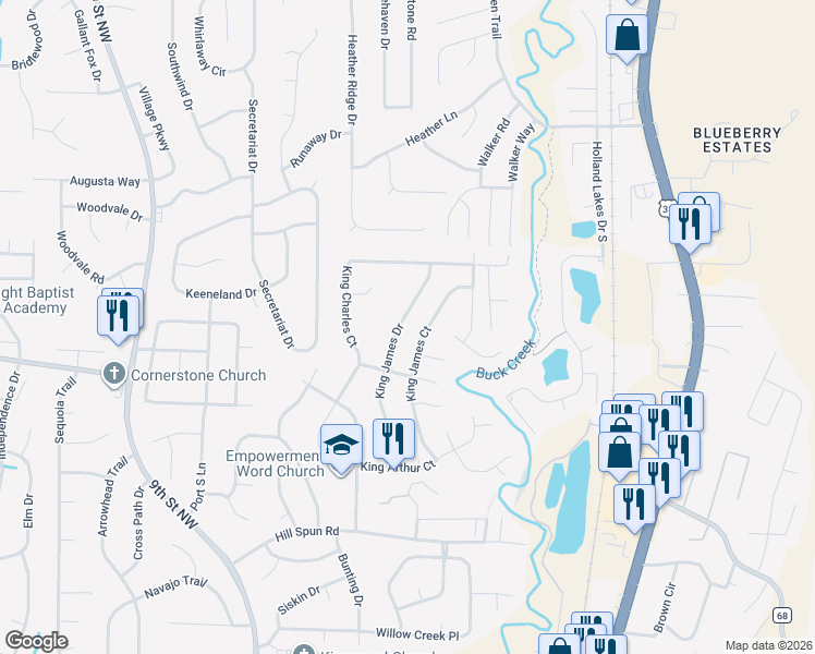 map of restaurants, bars, coffee shops, grocery stores, and more near 1709 King James Drive in Alabaster