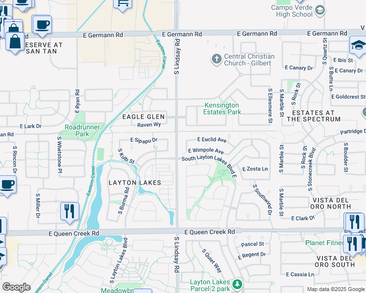 map of restaurants, bars, coffee shops, grocery stores, and more near 4438 South Twinleaf Drive in Gilbert