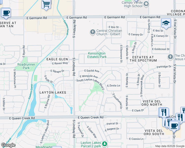 map of restaurants, bars, coffee shops, grocery stores, and more near 948 East Euclid Avenue in Gilbert