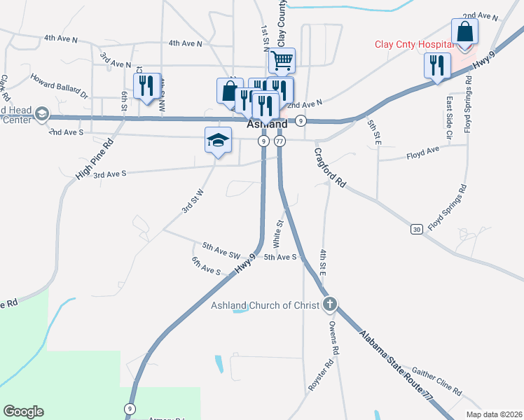 map of restaurants, bars, coffee shops, grocery stores, and more near 40259 Alabama 77 in Ashland