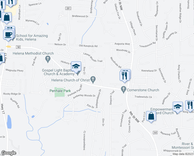 map of restaurants, bars, coffee shops, grocery stores, and more near 155 Laurel Woods Drive in Helena