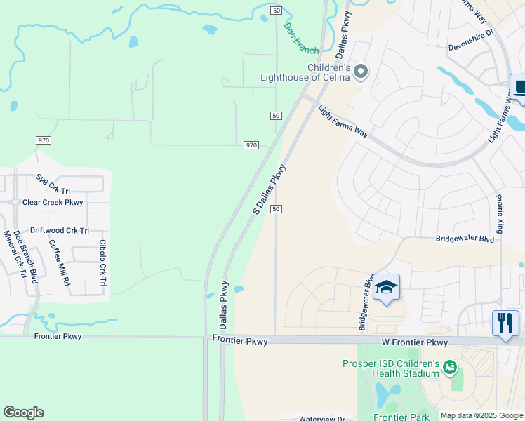 map of restaurants, bars, coffee shops, grocery stores, and more near 3445 County Road 50 in Prosper