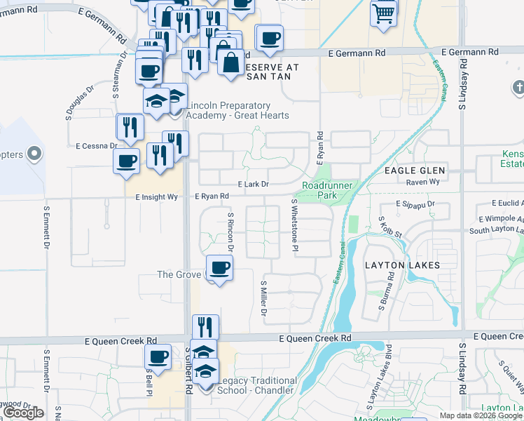map of restaurants, bars, coffee shops, grocery stores, and more near 3262 East Oriole Way in Chandler