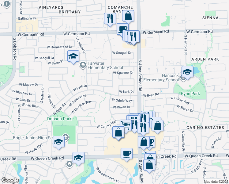 map of restaurants, bars, coffee shops, grocery stores, and more near 2441 South Comanche Drive in Chandler