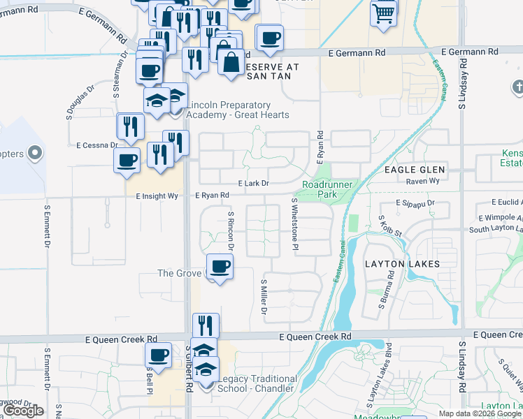 map of restaurants, bars, coffee shops, grocery stores, and more near 3262 East Oriole Way in Chandler