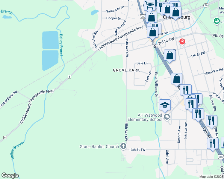 map of restaurants, bars, coffee shops, grocery stores, and more near in Childersburg