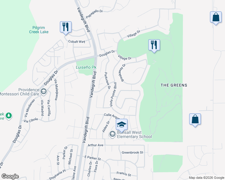 map of restaurants, bars, coffee shops, grocery stores, and more near 1083 Vista Pointe Boulevard in Oceanside