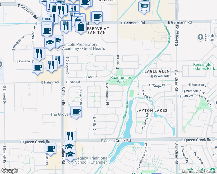 map of restaurants, bars, coffee shops, grocery stores, and more near 2528 South Whetstone Place in Chandler