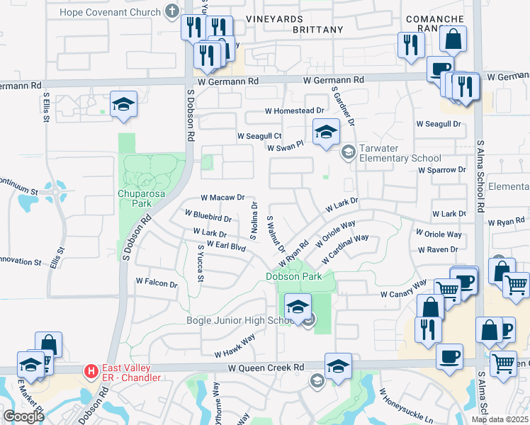 map of restaurants, bars, coffee shops, grocery stores, and more near 2370 South Walnut Drive in Chandler