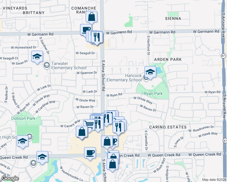 map of restaurants, bars, coffee shops, grocery stores, and more near 882 West Bluebird Drive in Chandler