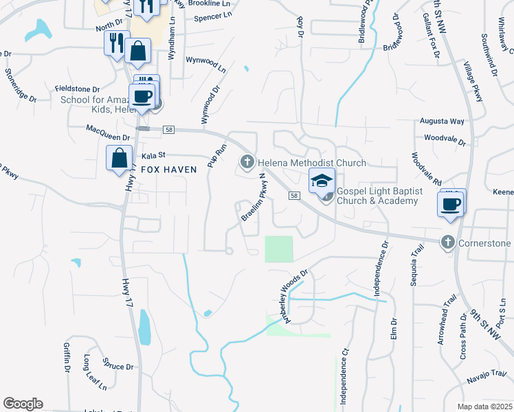 map of restaurants, bars, coffee shops, grocery stores, and more near 2704 Braelinn Parkway North in Helena