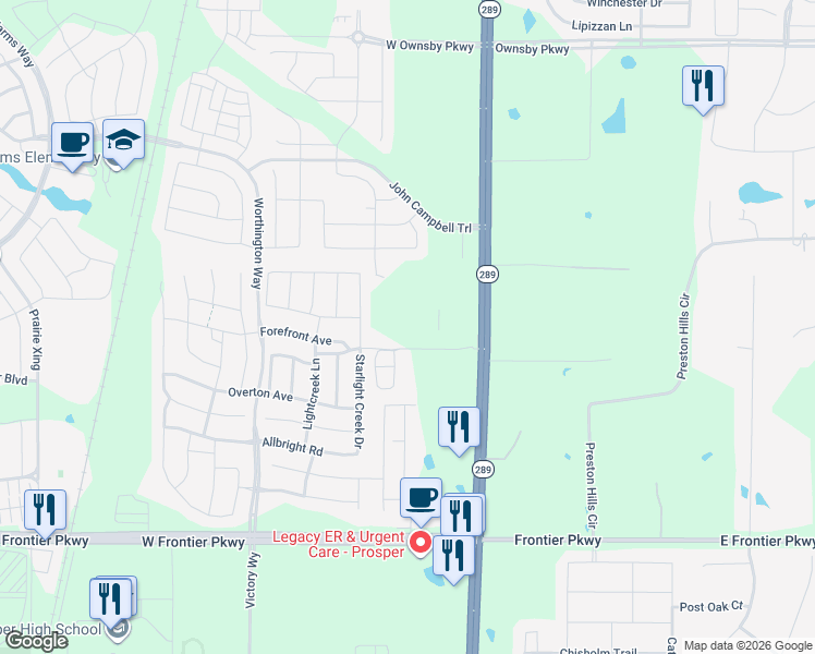 map of restaurants, bars, coffee shops, grocery stores, and more near 4131 South Preston Road in Prosper