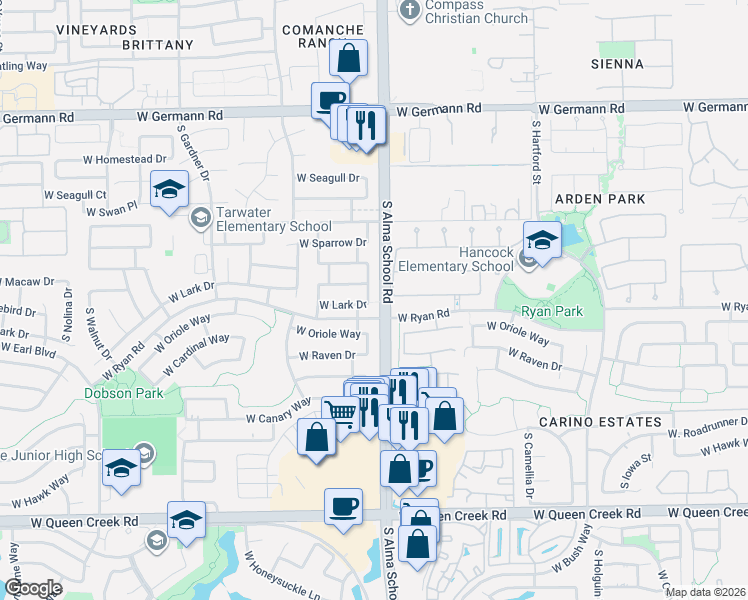 map of restaurants, bars, coffee shops, grocery stores, and more near 1073 West Bluebird Drive in Chandler