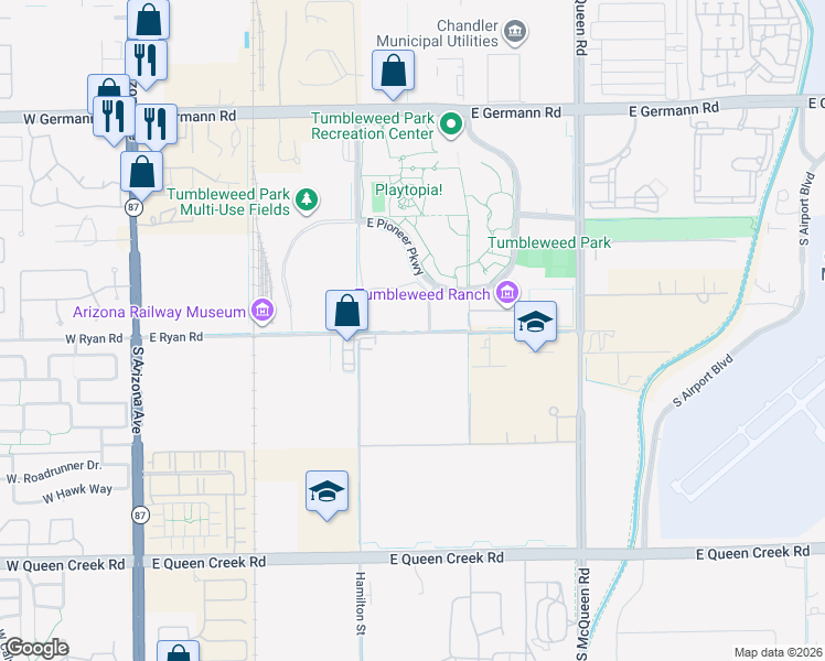 map of restaurants, bars, coffee shops, grocery stores, and more near 650 E Ryan Rd in Chandler